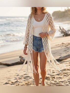 Rebellion Again 100% cotton fringe boho crochet kimono duster Small NWOT